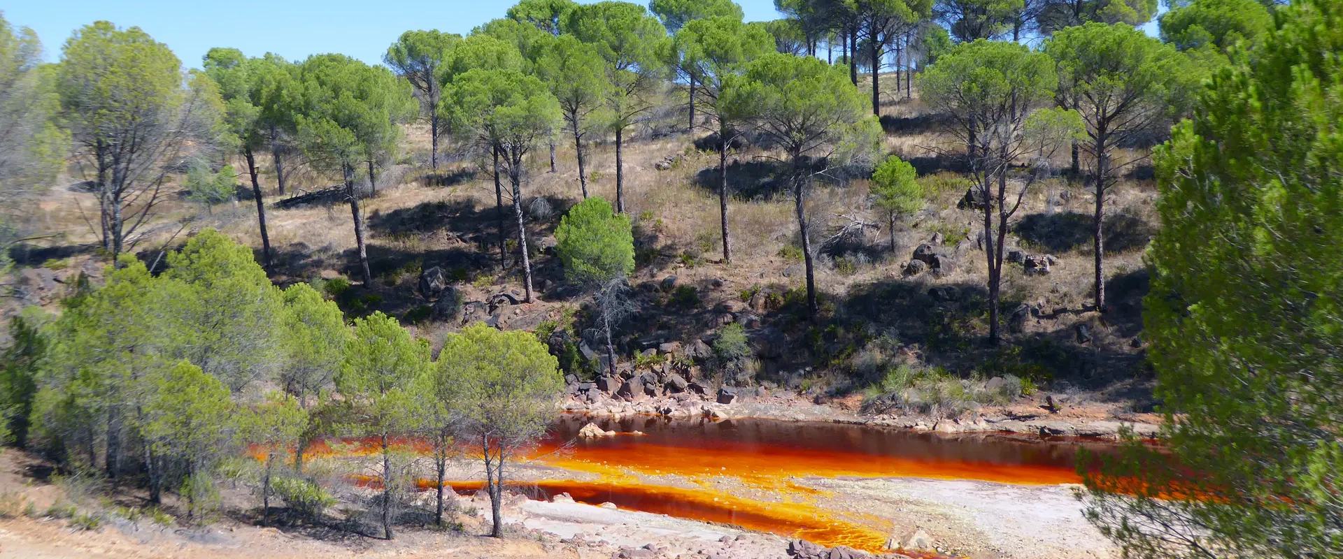 Eaux très acides du Rio Tinto dont le fer dissous lui confère sa couleur si caractéristique (Nerva, Espagne, 2015).
